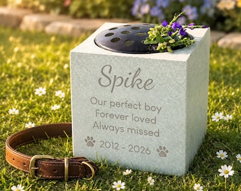 Personalised Dog Memorial Flower Vase, Engraved Name, Message & Dates