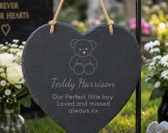 Personalised Baby Memorial Slate Heart, Teddy Design, Engraved Name