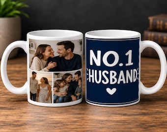 Personalised Photo Mug, No.1 Husband, 3 Photo Collage, 11oz Ceramic