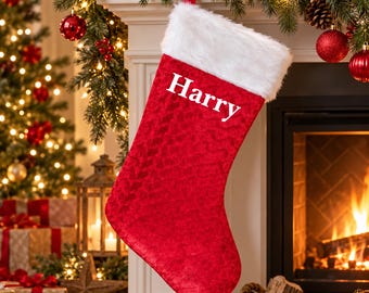 Personalised Red Velvet Christmas Stocking, Printed Name, Faux Fur Cuff