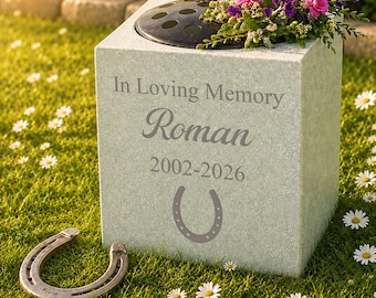 Personalised Horse Memorial Flower Vase, Horseshoe, Engraved Name & Dates