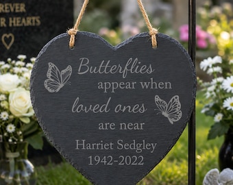 Personalised Butterfly Memorial Slate Heart, Engraved Name & Dates