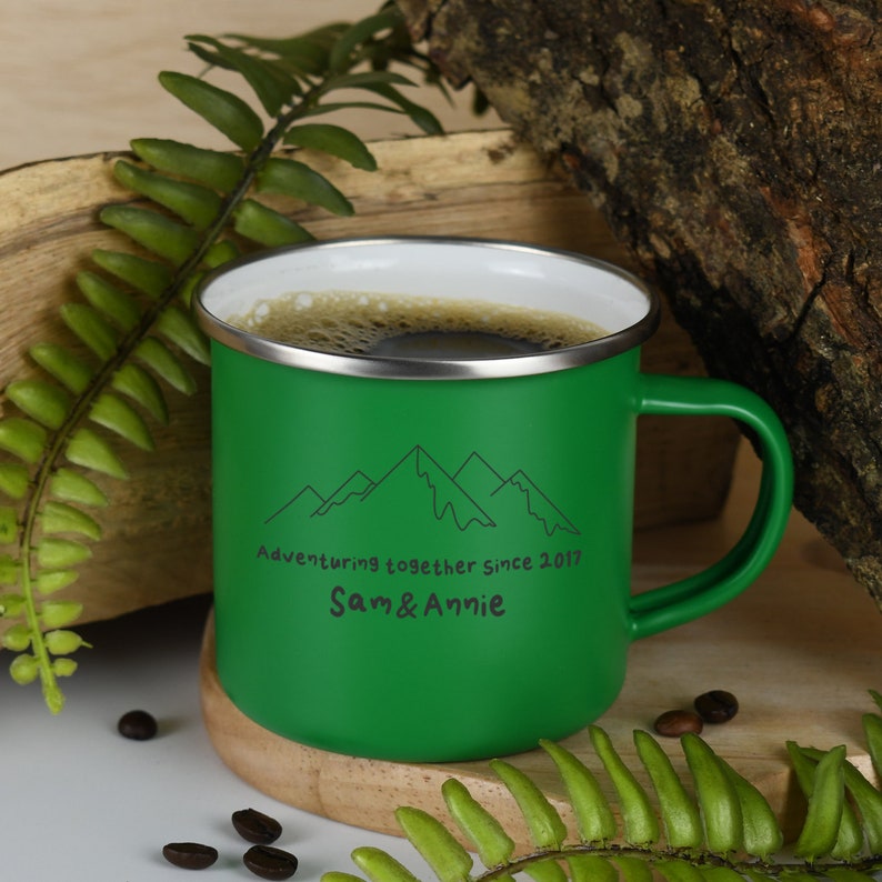 Personalised Adventuring Together Enamel Camping Mug Gifts Ideas For Camper van Picnic Metal Insulating Hot Cold Outside Outdoors Festival image 5