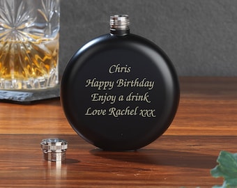 Personalised Round Black Hip Flask Gifts Ideas For Men Birthday Fathers Day Christmas Him Best Man Wedding Favours Thank You