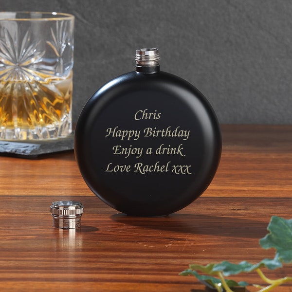 Personalised Round Black Hip Flask Gifts Ideas For Men Birthday Fathers Day Christmas Him Best Man Wedding Favours Thank You