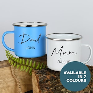 Personalised Mum & Dad Enamel Camping Mug Set Gifts Ideas For Camper van Metal Insulating Hot Cold Outside Outdoors Festival Anniversary