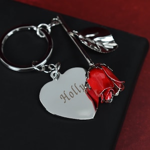 Personalised Engraved Name Red Rose Keyring Key Rings Gifts Ideas For Valentines Day Flowers Mothers Mum Wife Anniversary Wedding