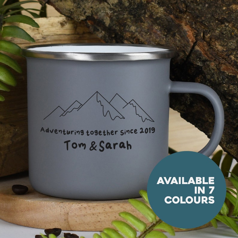 Personalised Adventuring Together Enamel Camping Mug Gifts Ideas For Camper van Picnic Metal Insulating Hot Cold Outside Outdoors Festival image 1