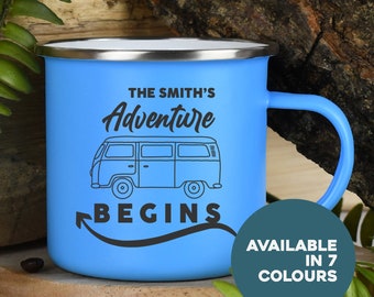 Personalised Adventure Begins Enamel Camping Mug Gifts Ideas For Campervan Camper Van Picnic Metal Insulating Hot Outside Outdoors Festival
