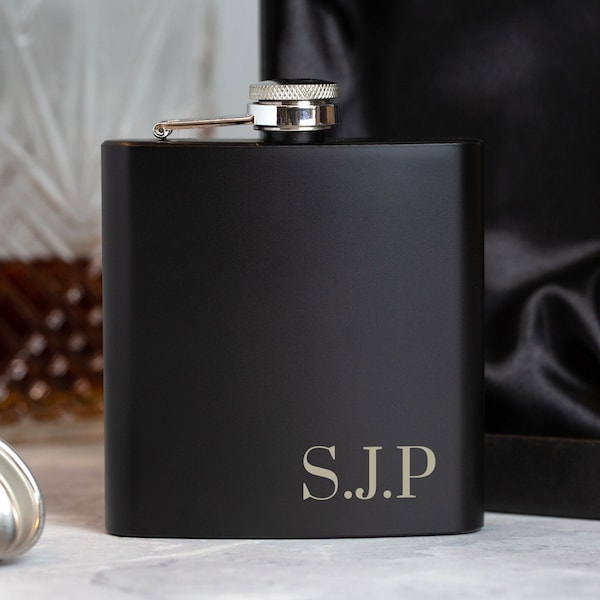 Personalised 6oz Black Initials Hip Flask Gifts Ideas Presents For Wedding Men, For Groomsmen Stag Best Man Groom Gifts Matte