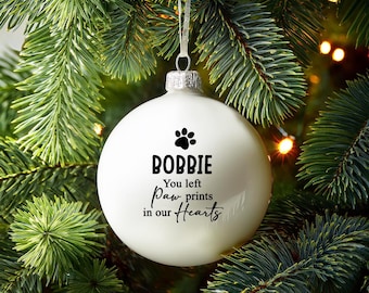 Personalised Paw Prints On Our Hearts Christmas Bauble In Loving Memory Remembering Remembrance Missed Baubles Heaven Xmas