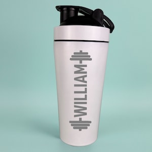 Ideas de regalos para amantes del gimnasio, entrenamiento, agua, barra de banco personalizada en botella mezcladora de proteínas; incluye bola mezcladora de metal para mezclar