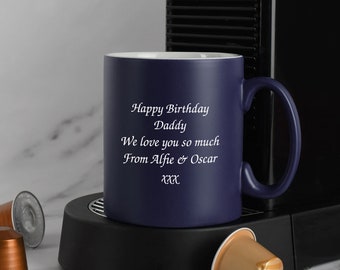Taza de satén azul personalizada con mensaje grabado a láser. Ideas de regalo para mamá, papá, cumpleaños, Navidad, Día de la Madre y del Padre.