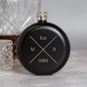 Personalised Established Est 5oz Black Hip Flask Gifts Ideas For Him Her Mum Dad Birthday Fathers Day 18th 21st 30th 40th 50th Vodka Whiskey