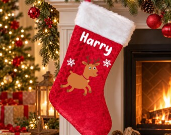 Personalised Reindeer Christmas Stocking, Red Velvet, Printed Name