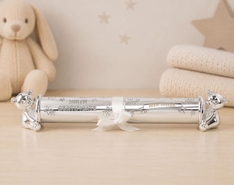 Personalised Birth Certificate Holder, Silver Teddy Bear Scroll Tube