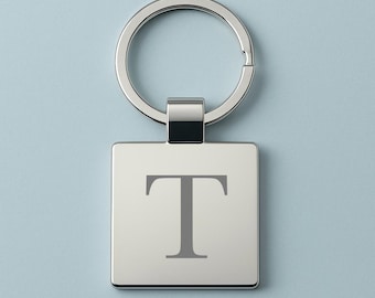 Personalised Initial Square Silver Keyring - Custom Text Laser Engraved