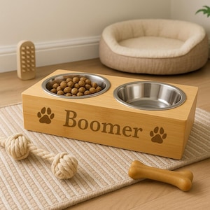 Personalised Dog Paws Wooden Double Feeding Bowl Paw Prints Doggy Puppy - Made From Bamboo & Stainless Steel - Animal Dish Bowls