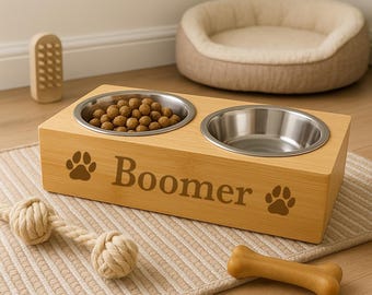 Personalised Dog Bowl Bamboo Double Feeding Station Laser Engraved Paw Print Gift For Dog Owner Puppy New Pet Birthday Christmas