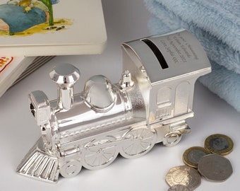 Personalised Silver Train Piggy Money Box For Boys Christening New Baby Gifts Ideas Boxes Girls Presents Born Babies Keepsakes
