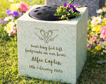 Personalised Footprint Baby Boy Girl Memorial Vase Grave Flower Bowl Cemetery Holder Funeral Stone Gifts Presents Ideas Memories Death Of