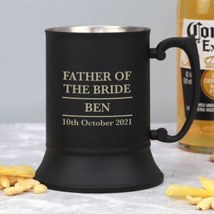 Jarra de acero inoxidable personalizada para el padre de la novia, color negro, ideas de regalos para regalos de boda, ideas de regalos de agradecimiento, fichas grabadas para el día de los hombres