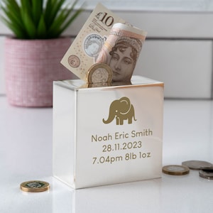 Personalised Elephant Square Money Box Gifts Ideas For New Born Baby Babies Christening Boys Girls Keepsakes Silver Plated 1st Holy