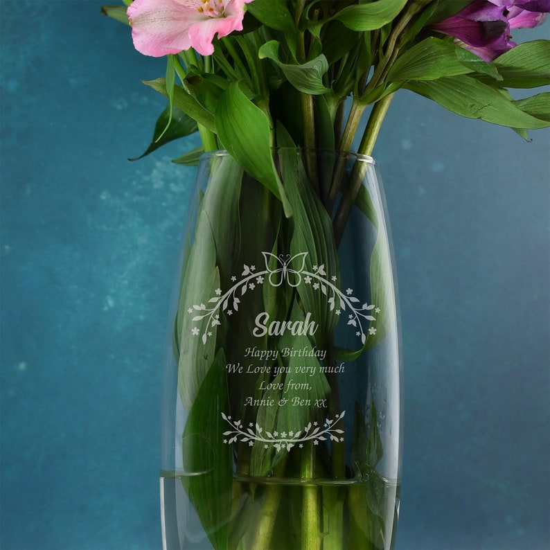 Personalised Floral Butterfly Name & Message Bullet Vase Gifts Ideas For Wedding Anniversary Birthday Christmas Valentines Mothers Day Mum image 1