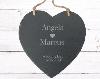 Personalised Hanging Slate Heart Engraved Couples Names Message Wedding Anniversary Engagement Gift Plaque Sign Indoor Outdoor Keepsake
