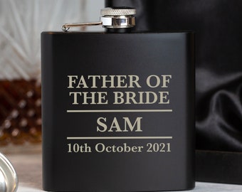 Personalised 6oz Black Father Of The Bride Hip Flask Laser Engraved Wedding Thank You Gift For Any Role | Custom Name Date