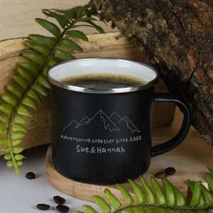 Personalised Adventuring Together Enamel Camping Mug Gifts Ideas For Camper van Picnic Metal Insulating Hot Cold Outside Outdoors Festival image 4