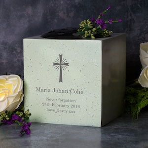 Personalised Cross Memorial Vase Grave Flower Bowl Cemetery Holder Funeral Stone Gifts Presents Ideas Memories Religious Passing Death