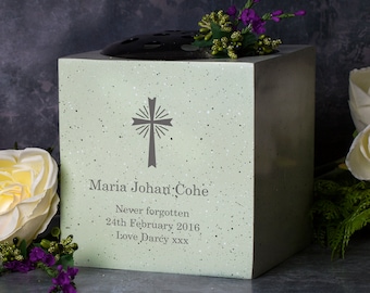 Personalised Cross Memorial Vase Grave Flower Bowl Cemetery Holder Funeral Stone Gifts Presents Ideas Memories Religious Passing Death