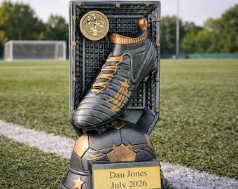 Personalised Football Boot Trophy Award – Custom Engraved Plate, Player of the Match, Top Scorer, Winner, End of Season Bronze Presentation