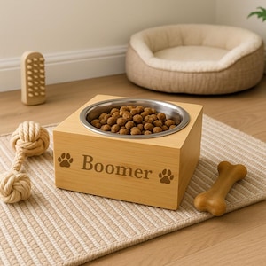 Personalised Dog Paws Wooden Single Feeding Bowl Paw Prints Doggy Puppy - Made From Bamboo & Stainless Steel - Animal Dish Bowls