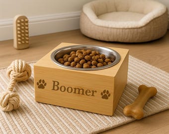 Personalised Dog Paws Wooden Single Feeding Bowl Paw Prints Doggy Puppy - Made From Bamboo & Stainless Steel - Animal Dish Bowls