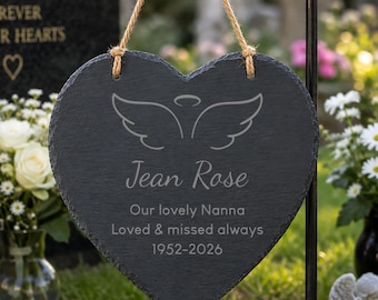 Personalised Angel Wings Memorial Slate Heart, Engraved Name & Message