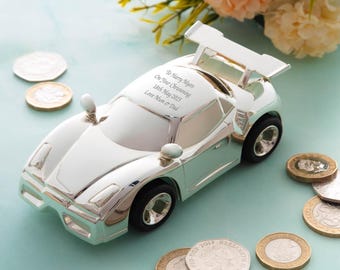 Personalised Racing Car Money Box Gifts Ideas For New Born Baby Babies Christening Boys Girls Keepsakes Silver Plated 1st Holy