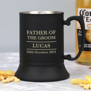 Jarra de acero inoxidable negra personalizada para el padre del novio, ideas de regalos para regalos de boda, ideas de regalos de agradecimiento, fichas para el día de los hombres grabadas