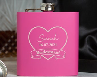 Engraved 6oz Hip Flask Custom Stainless Steel For Personalized Pink Bridesmaid Gift Girls Night Out Gift For Women Ideas Personalised