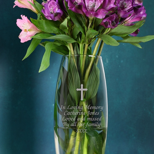 Personalised Cross Glass Bullet Vase Vases 26cm Gifts Ideas For Her Womens Flowers In Loving Memory Funeral Church Religious