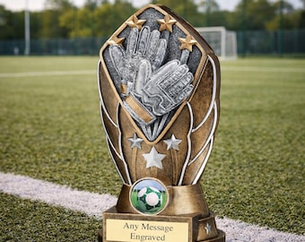 Personalisierte Torhüter-Trophäe - individuell gravierte Platte, bester Torhüter, Fußballgeschenk zum Saisonende, Präsentation bronzegrauer Handschuhe