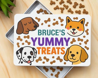 Personalised Dog Yummy Treats White Metal Storage Tin For Dogs Puppys Food Snacks Gifts Ideas Presents For New Pup