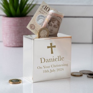 Personalised Square Cross Money Box Gifts Ideas For New Born Baby Babies Christening Boys Girls Keepsakes Silver Plated 1st Holy Communion
