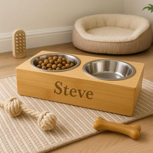 Personalised Dog Wooden Double Feeding Bowl Paw Prints Doggy Puppy - Made From Bamboo & Stainless Steel - Animal Dish Bowls