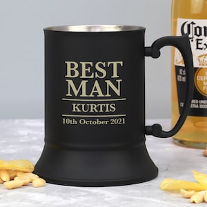 Ideas de regalos de jarra de acero negra personalizada para padrinos de boda, regalos de agradecimiento, fichas grabadas para el día de los hombres