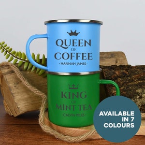 Personalised King & Queen Enamel Camping Mug Set Gifts Ideas For Camper van Metal Insulating Hot Cold Outside Outdoors Festival Anniversary