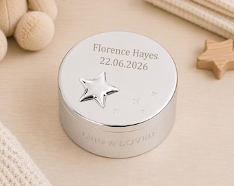 Personalised Baby Trinket Box, Silver Star Lid, Engraved Name & Date