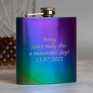 Personalised 6oz Rainbow Message Hip Flasks & Gift Box Gifts Ideas For Birthday Christmas Mothers Day Any Text Personalized Engraved