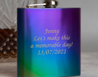 Personalised 6oz Rainbow Message Hip Flasks & Gift Box Gifts Ideas For Birthday Christmas Mothers Day Any Text Personalized Engraved